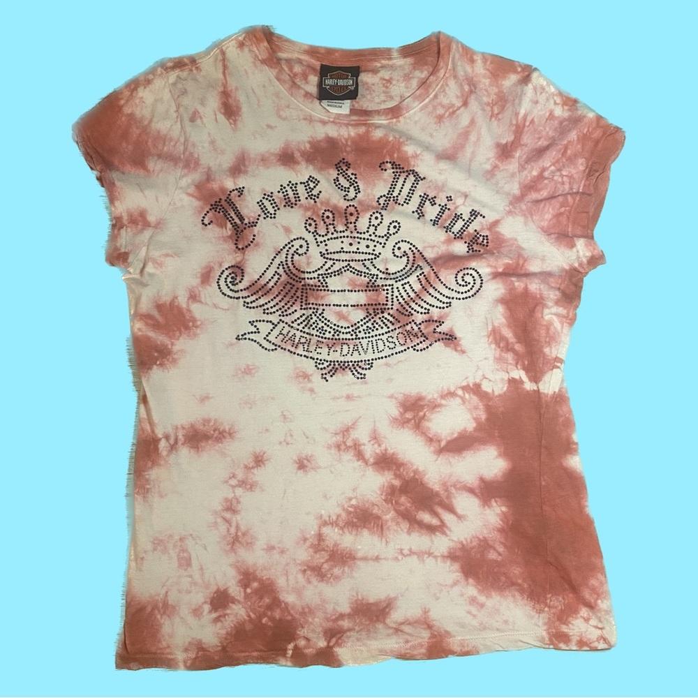 Woman’s Harley Davidson “Love & Pride” Rhinestone Tie Dye Shirt in Medium
